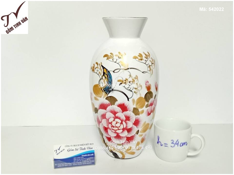 Bình gốm sơn mài hoa Mẫu Đơn ( trắng)- 542022