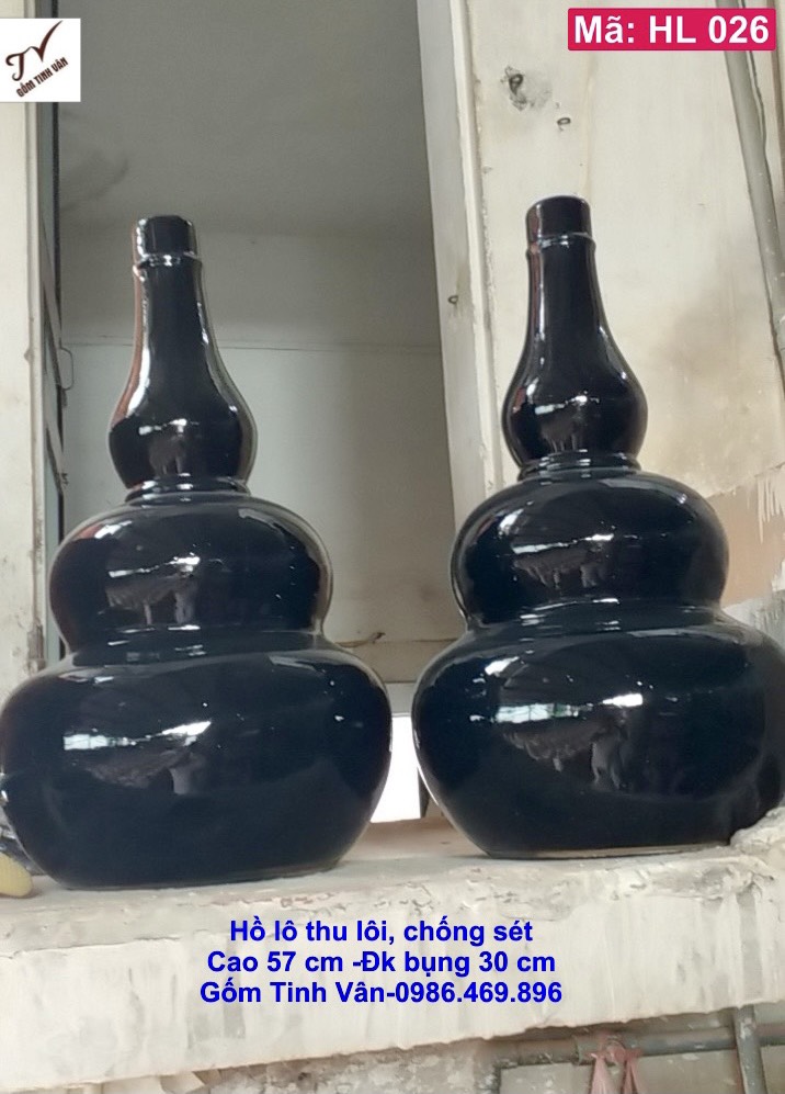 Hồ lô thu lôi chống sét dáng tròn 3 bầu, men xanh đen, mã HL026, cao 57 cm, đường kính bụng 30 cm, gốm sứ xây dựng bát tràng tinh vân, giá rẻ nhất