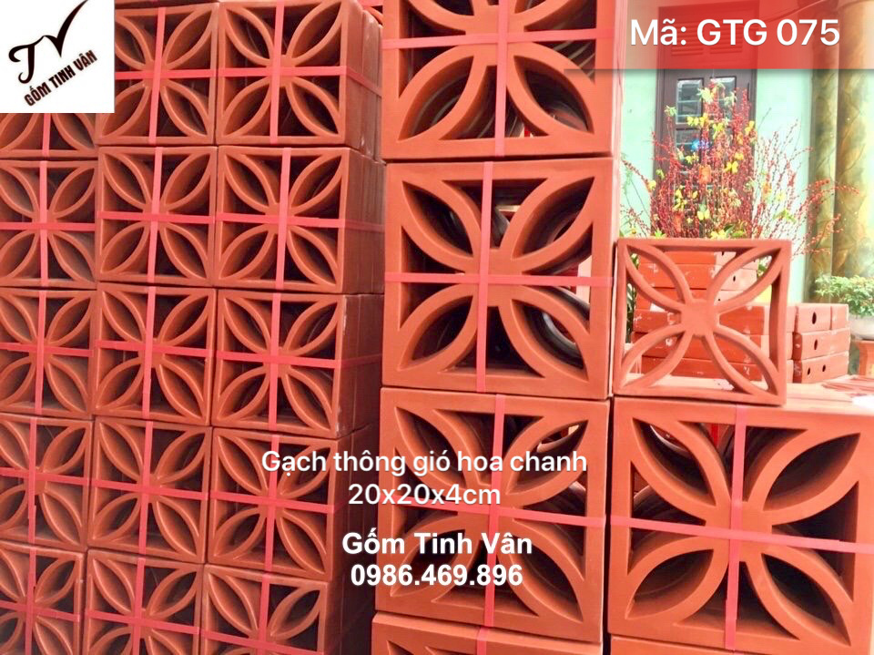 Gạch thông gió hoa chanh, 20x20 cm, mã GTG075, gốm đất nung đỏ, bền đẹp, gốm xây dựng bát tràng cao cấp