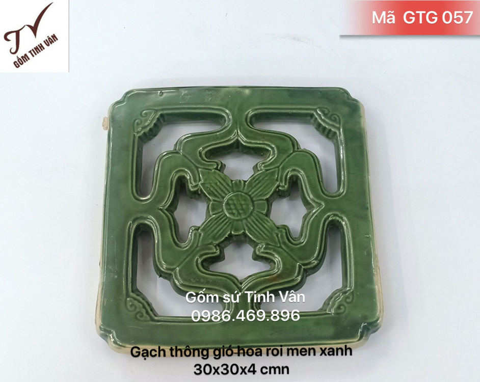 Gạch thông gió, bông gió, ô thoáng, mã GTG057, men xanh lục, 30x30x4 cm, trang trí nhà, tường rào, gốm xây dựng, bát tràng tinh vân