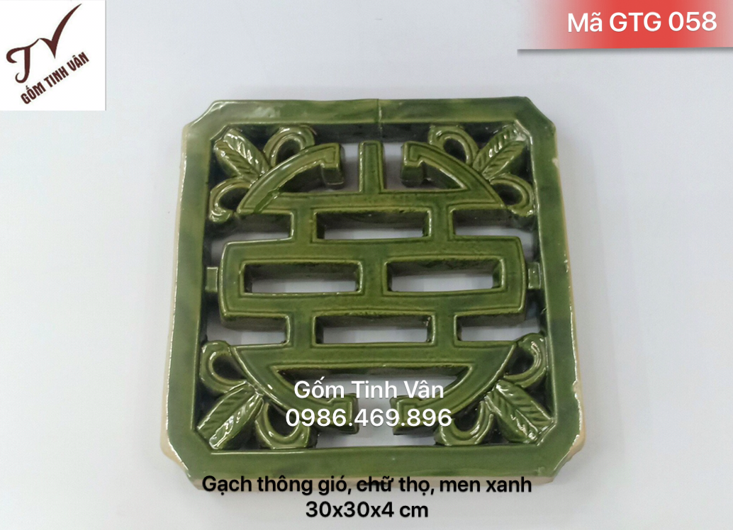 Gạch thông gió, bông gió, ô thoáng, mã GTG058, chữ thọ vuông, men xanh lục, 30x30x4 cm, trang trí nhà, tường rào, gốm xây dựng, bát tràng tinh vân