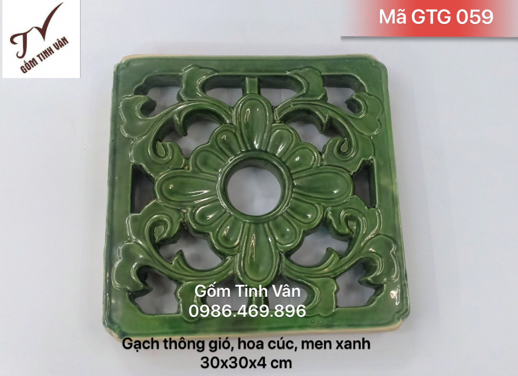 Gạch thông gió, bông gió, ô thoáng, mã GTG059, hoa cúc vuông, men xanh lục, 30x30x4 cm, trang trí nhà, tường rào, gốm xây dựng, bát tràng tinh vân