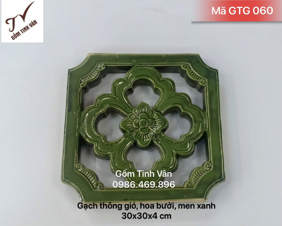 Gạch thông gió, bông gió, ô thoáng, mã GTG060, hoa bưởi vuông, men xanh lục, 30x30x4 cm, trang trí nhà, tường rào, gốm xây dựng, bát tràng tinh vân