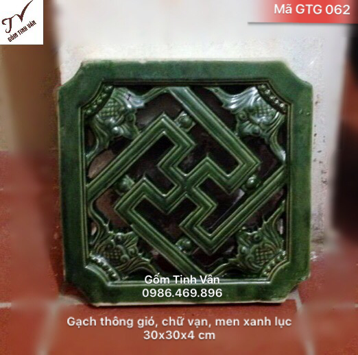 Gạch thông gió, bông gió, ô thoáng, mã GTG062, chữ vạn vuông, men xanh lục, 30x30x4 cm, trang trí nhà, tường rào, gốm xây dựng, bát tràng tinh vân