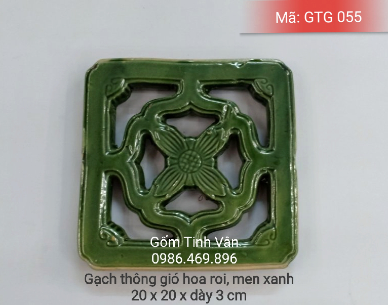 Gạch thông gió, bông gió, mã GTG055, men xanh lục, kích thước 20x20x3cm, gạch ô thoáng, gốm sứ xây dựng, bát tràng, tinh vân