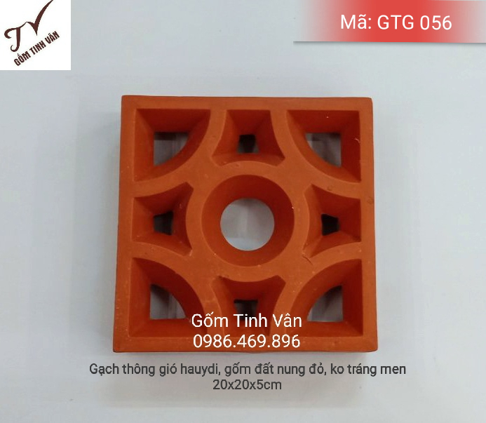 Gạch thông gió, bông gió, mã GTG056, gạch hauydi, gốm đất nung đỏ, ko tráng men, kích thước 20x20x5cm, gạch ô thoáng, gốm sứ xây dựng, bát tràng, tinh vân