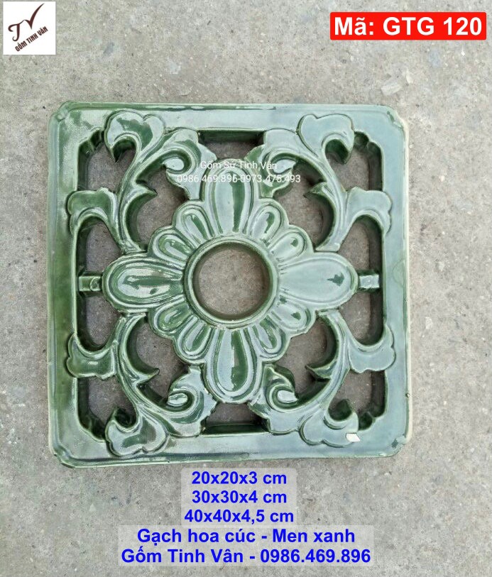 Gạch thông gió, bông gió, men xanh, mã GTG120, hoa cúc, cỡ 200x200