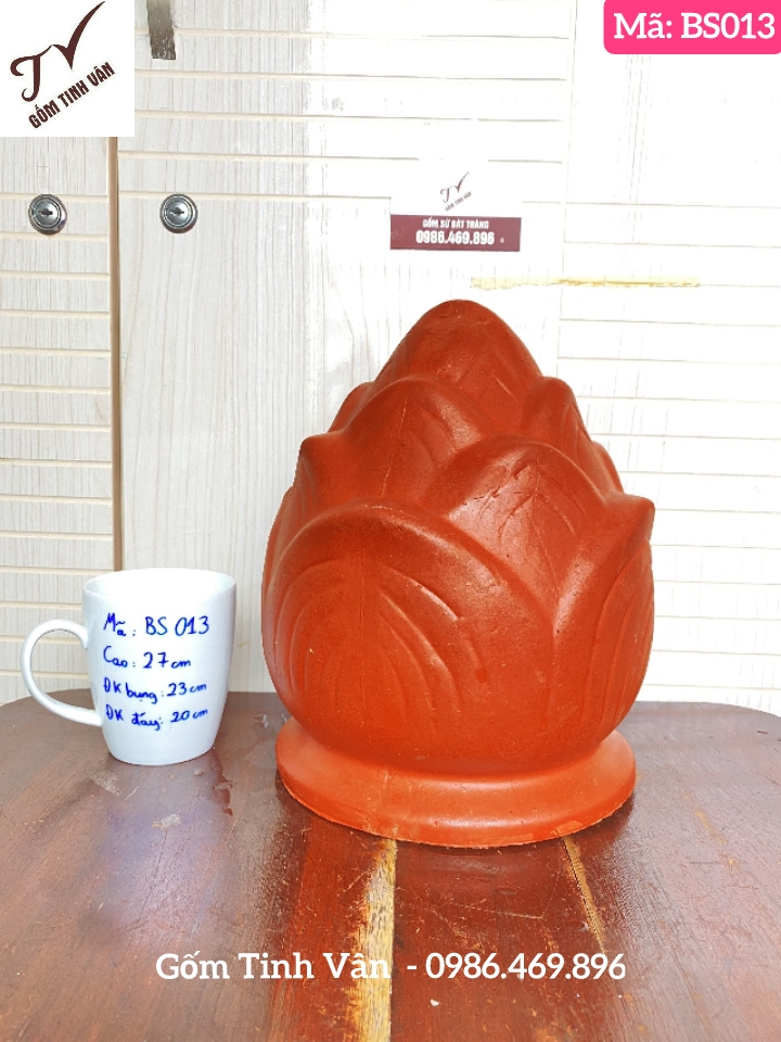 Búp sen gốm đỏ trang trí tường rào, trụ cổng, mã BS013, cao 27, bụng 23, đáy 21 cm, gốm sứ xây dựng bát tràng tinh vân