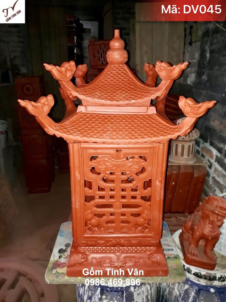 Đèn gốm bát long cỡ lớn, mã DV045, đèn gốm sân vườn trụ cổng, bền màu vĩnh cửu, ko rêu mốc, chạm khắc chữ thọ công phu, mái chùa 2 tầng, đèn gốm xây dựng bát tràng tinh vân