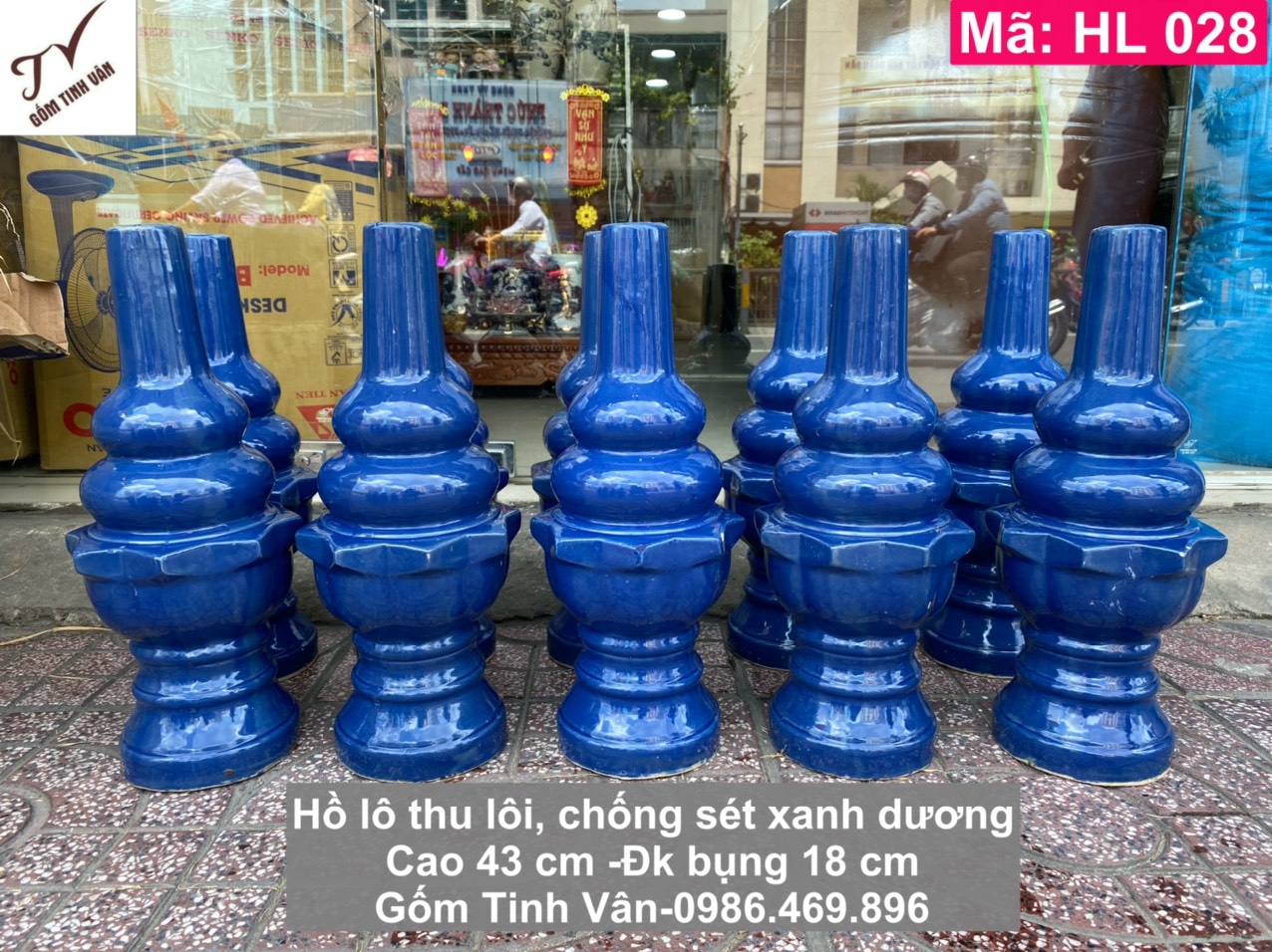 Hồ lô thu lôi chống sét, màu xanh dương, men bóng, mã HL028, dáng sao, cao 43 đk 18 cm, gốm sứ xây dựng bát tràng tinh vân, giá rẻ nhất