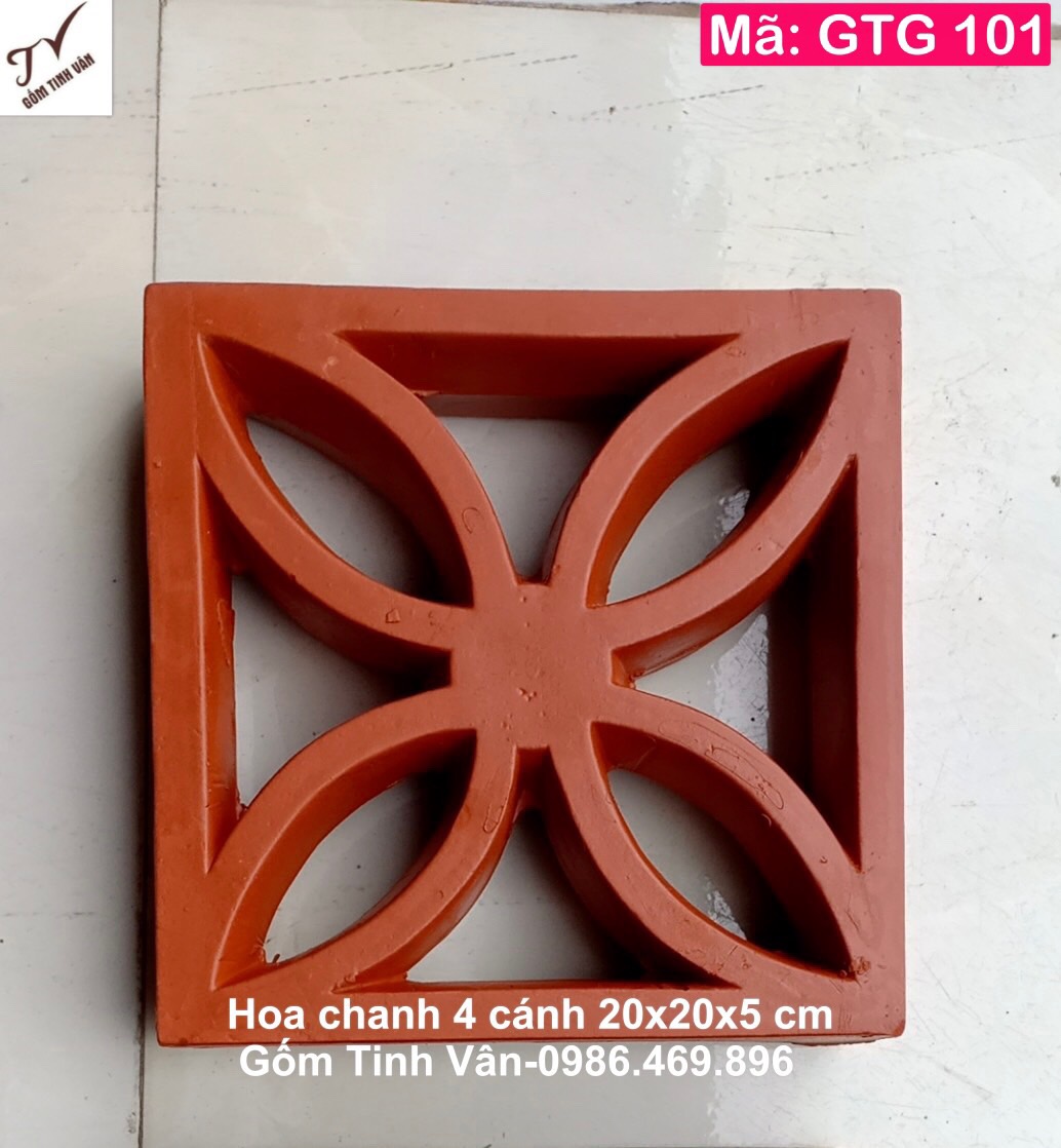 Gạch thông gió hoa chanh 4 cánh 20x20x5 cm, mã GTG101, 200x200x50 mm, gốm đất nung đỏ, hoa văn sắc nét, sang trọng, độ bền cao, gạch bông gió gốm xây dựng bát tràng tinh vân