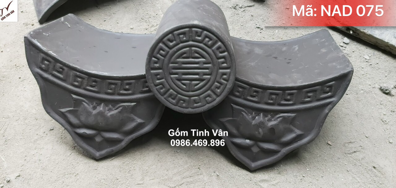 Ngói âm dương men ghi xám đen, mã NAD075, lợp nhà cổ, đình chùa, hàng rào, cổng, riềm sen thọ hoặc riềm đầu hổ phù, men ghi đen kiểu nhật, ngói âm dương lưu ly, gốm xây dựng bát tràng tinh vân