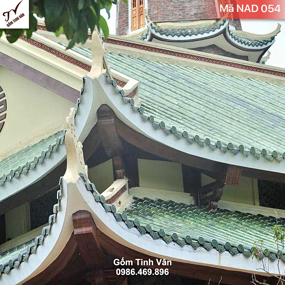 Ngói âm dương tráng men xanh đồng, mã NAD054, lợp từ đường, nhà cổ, lợp chùa, riềm hoa mai, hoa sen, hổ phù, gốm bát tràng tinh vân