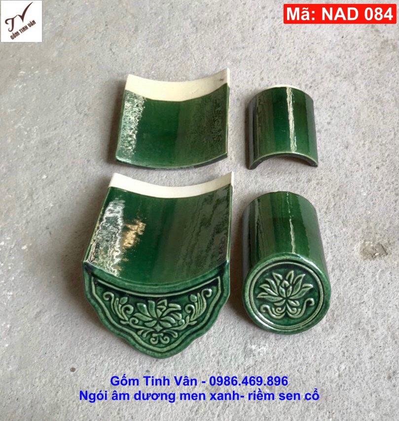 Ngói âm dương, lưu ly, mã NAD084, ngói riềm sen cổ, men xanh đồng, 14x17, 20x20 cm, gốm xây dựng, bát tràng, tinh vân