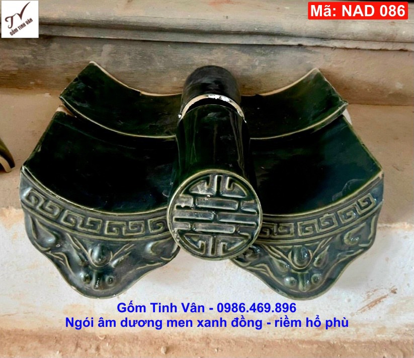 Ngói âm dương, lưu ly, mã NAD086, ngói riềm hổ phù, men xanh đồng, gốm xây dựng, bát tràng, tinh vân