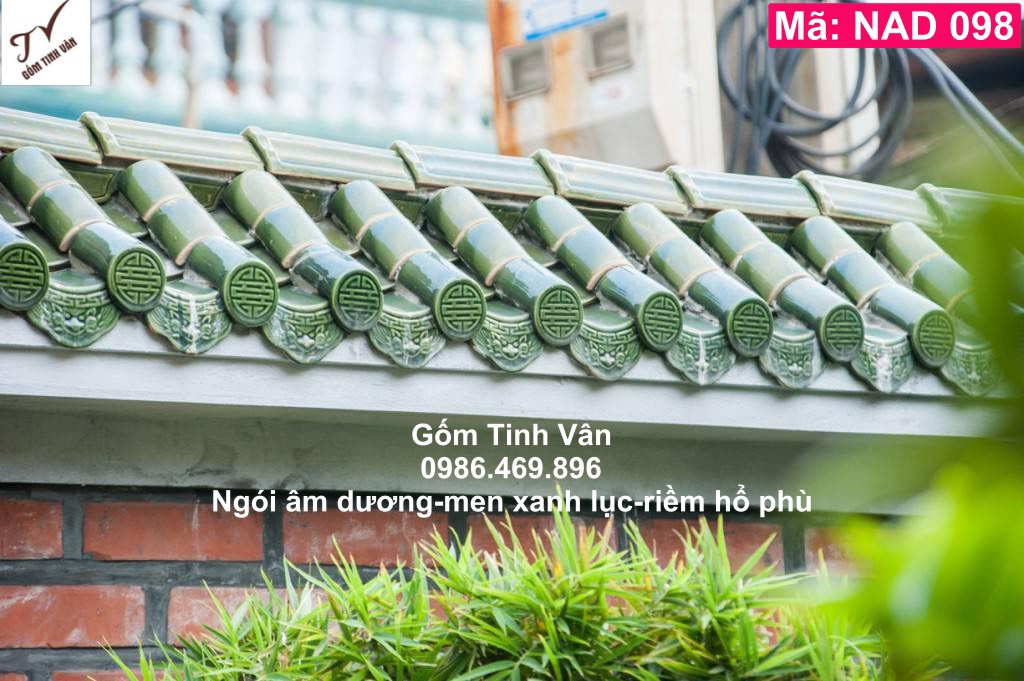 Ngói âm dương, lưu ly, men xanh lục, xanh đồng, mã NAD098, riềm hổ phù, lợp mái nhà mồ cổ, đình chùa, gốm sứ xây dựng,bát tràng, tinh vân