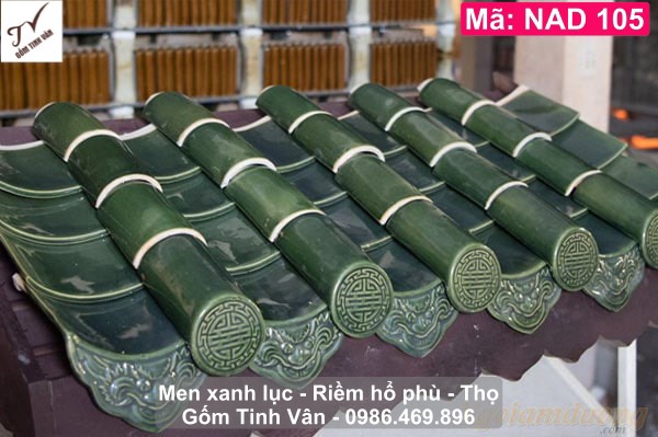 Ngói âm dương, lưu ly, men xanh lục, xanh đồng, mã NAD105, riềm hổ phù, lợp mái nhà mồ cổ, đình chùa, gốm sứ xây dựng,bát tràng, tinh vân