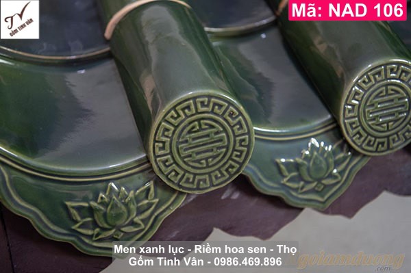 Ngói âm dương, lưu ly, men xanh lục, xanh đồng, mã NAD106, riềm hoa sen thọ, lợp mái nhà mồ cổ, đình chùa, gốm sứ xây dựng,bát tràng, tinh vân
